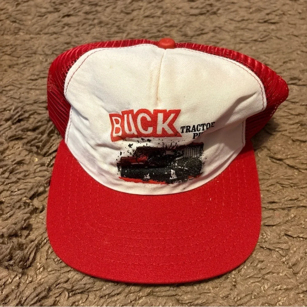 Vintage 80s 90s Buck Tractor Pulls Red Snapback Mesh Trucker Hat Cap